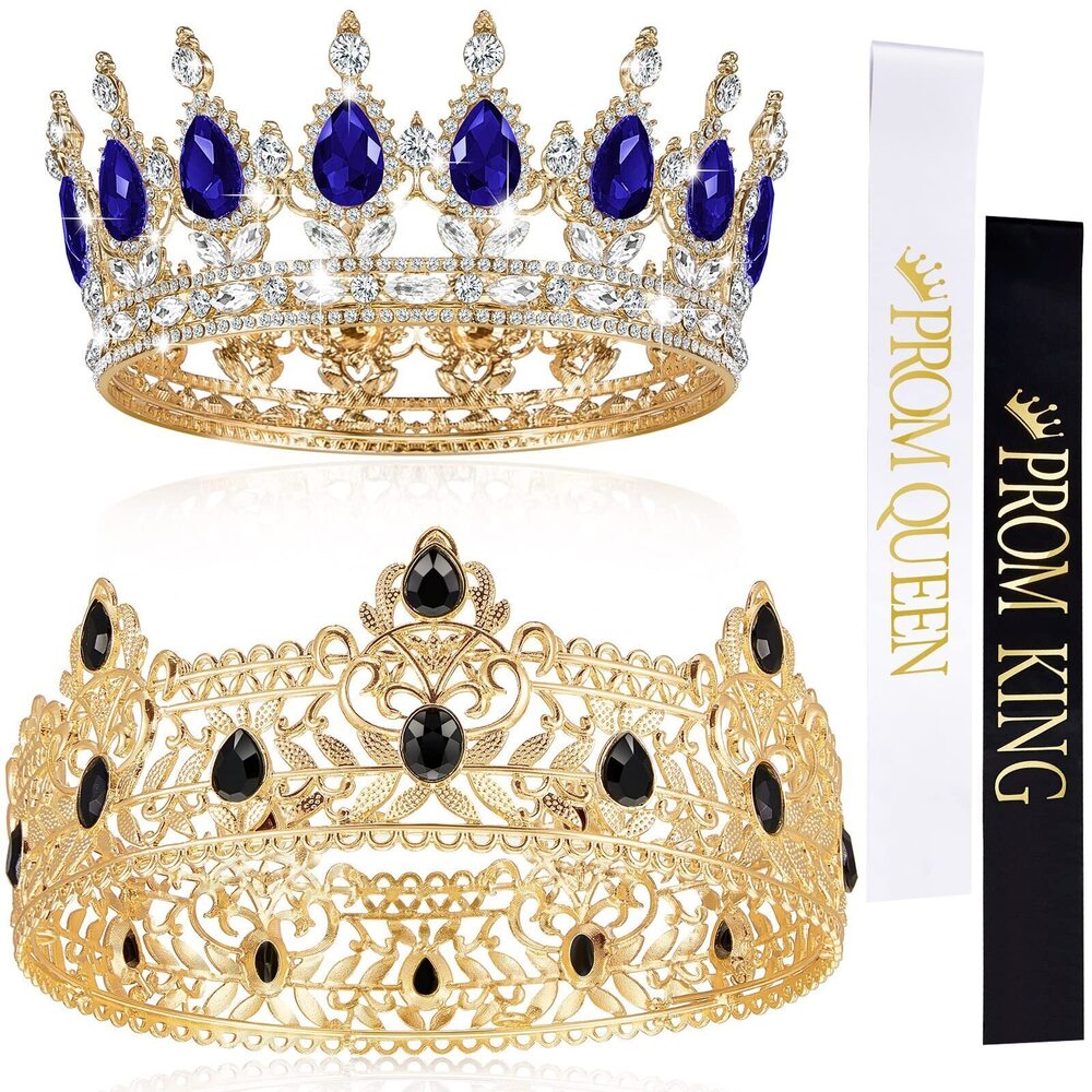 5883 4 Pieces Prom King and Queen Crowns Set with Sashes Halloween Birthday